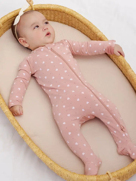 Bamboo Zip Footie - Pink Hearts