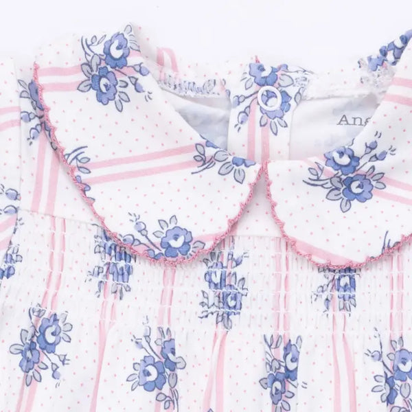 Smocked Peter Pan Snap Footie - Stripe Roses