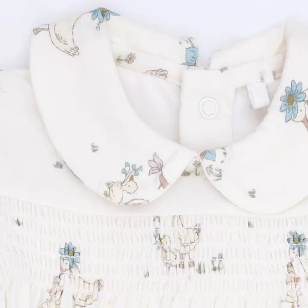 Smocked Peter Pan Snap Footie - Flower Ducklings