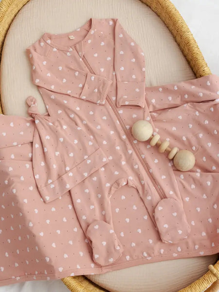Bamboo Zip Footie - Pink Hearts