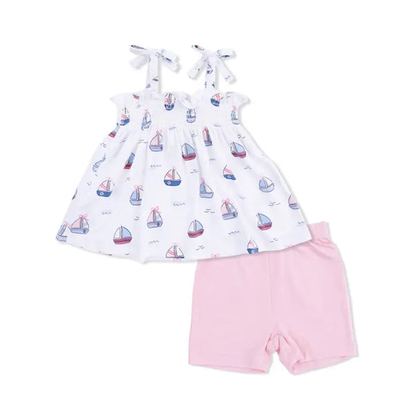 Smocked Top & Bike Short - Bubbly Sailboats Pink