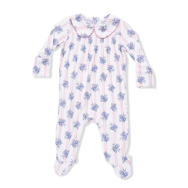 Smocked Peter Pan Snap Footie - Stripe Roses
