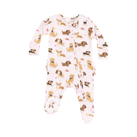 2 Way Zipper Ruffle Back Footie - Best Friend Dogs Pink