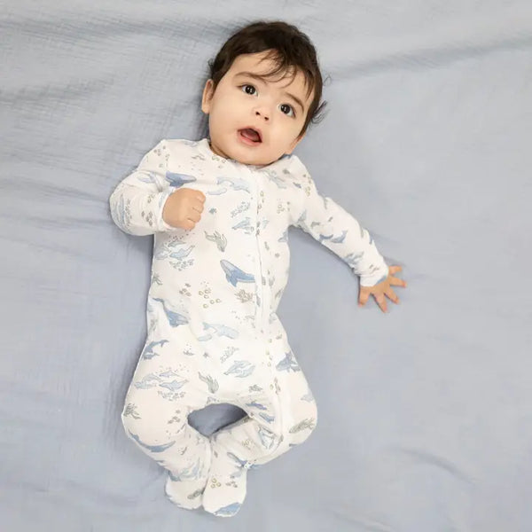 2 Way Zipper Footie - Watercolor Blue Whales