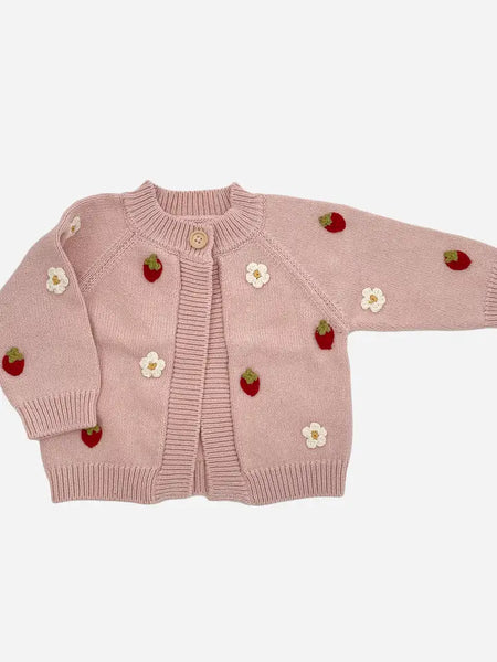 Cotton Strawberry Flower Cardigan - Blush