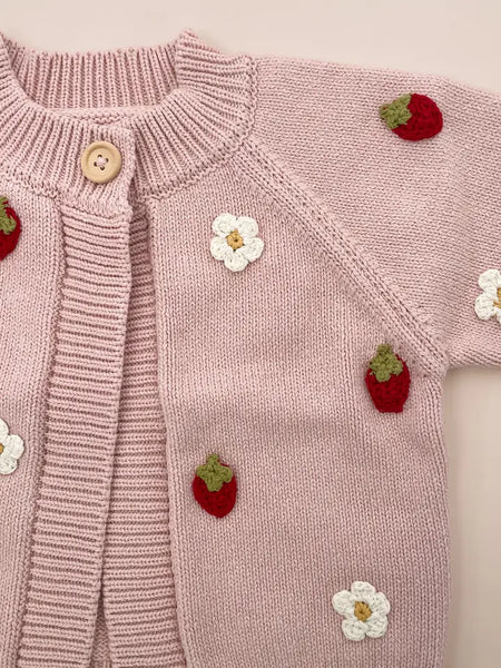 Cotton Strawberry Flower Cardigan - Blush