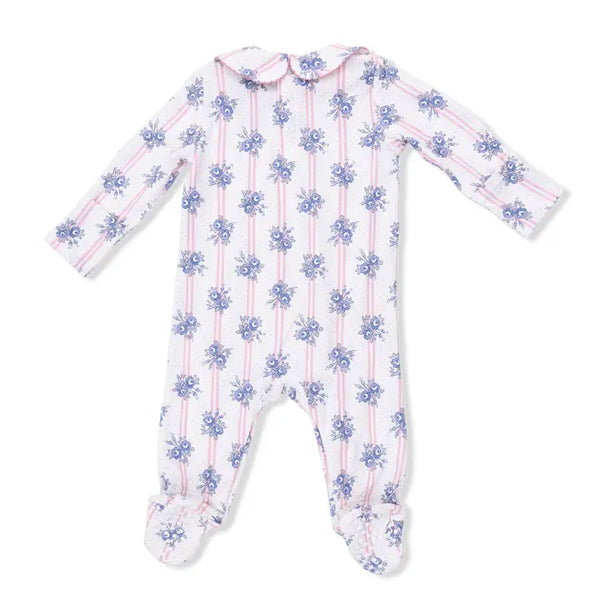 Smocked Peter Pan Snap Footie - Stripe Roses