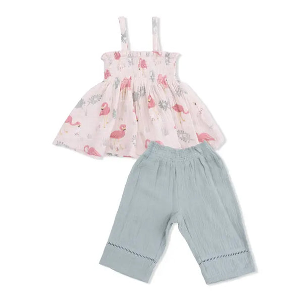 Smocked Top & Smocked Waist Pants - Flamingos