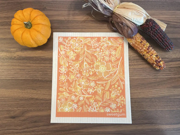 Flowers and Leaves in Orange- Swedish Dishcloth