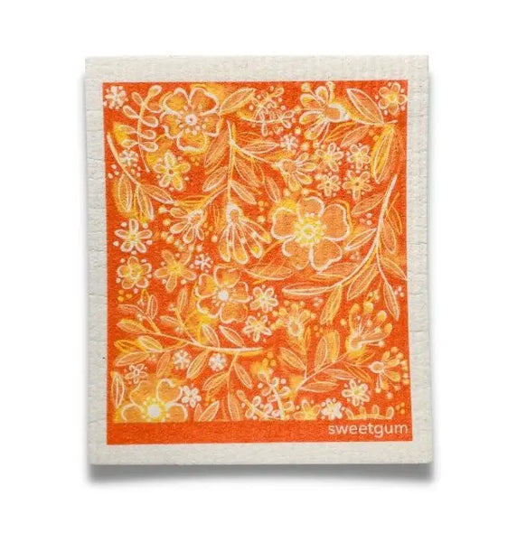 Flowers and Leaves in Orange- Swedish Dishcloth