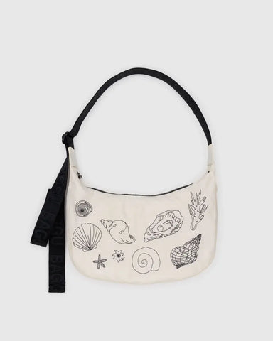 Embroidered Shells - Medium Nylon Crescent Bag
