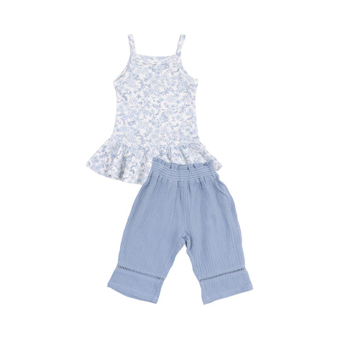 Peplum Rib Tank + Smocked Waist Muslin Pants - Blue Calico Floral