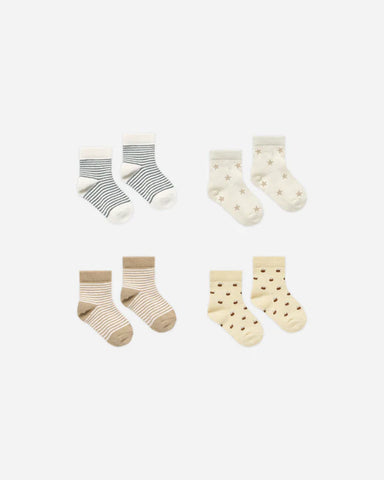 Printed Sock Set - Latte Micro-Stripe, Doves, Dusty Blue Stripe, Apples