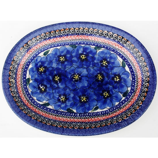 Blue Pansy 11.5in Oval Platter - Polish Pottery