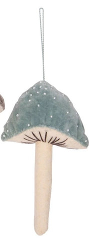 Velvet Beaded Mushroom Ornament - Blue