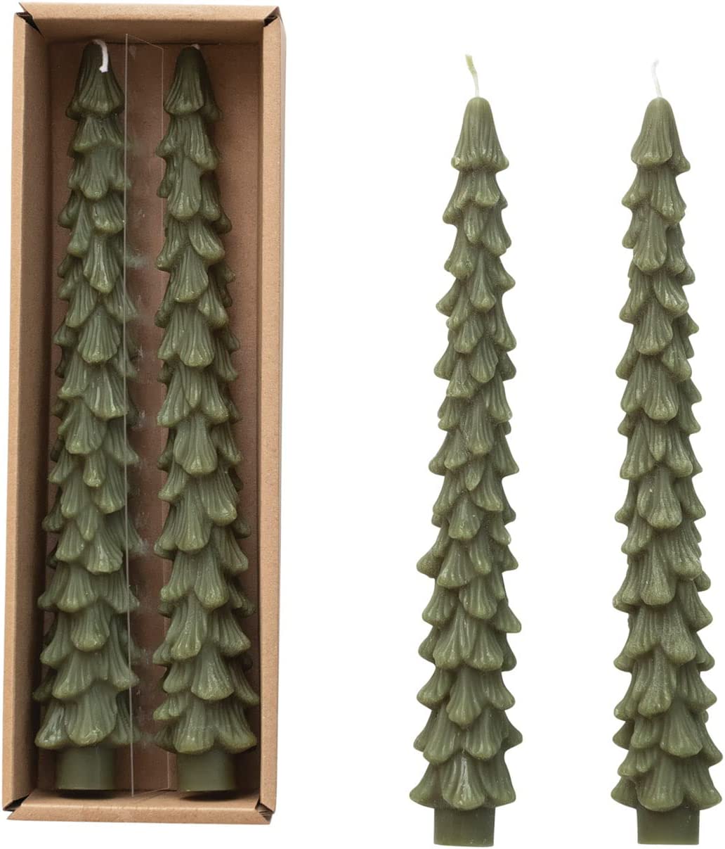 Dark Green Tall Tree Shaped Tapered Candles - Set of 2