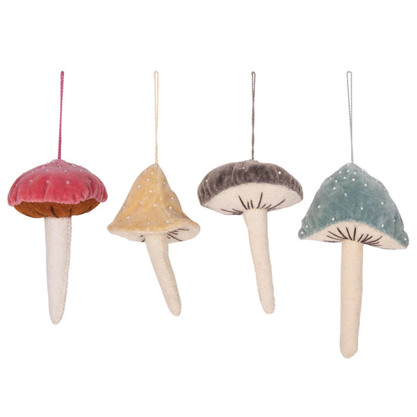 Velvet Beaded Mushroom Ornament - Red