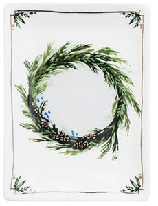 Green Wreath with Pinecones - Stoneware Dish with Gold Trim